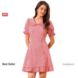Gingham Mini Dress Ruffled Peter Pan Collar Puff Sleeves Cute Chic Y2K